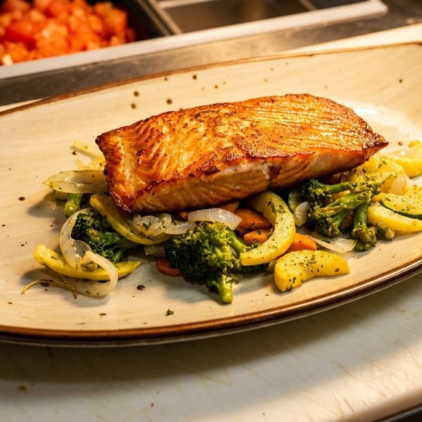 Grilled salmon fillet served on a bed of sautéed broccoli, zucchini, onions, and carrots.