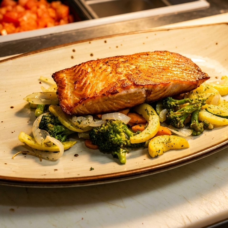 Grilled salmon fillet served on a bed of sautéed broccoli, zucchini, onions, and carrots.