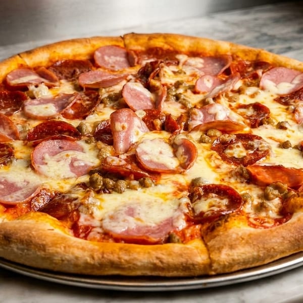 A whole meat lover's pizza with pepperoni, sausage, and ham on a marble countertop.