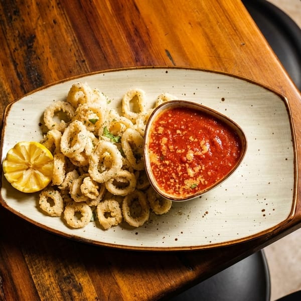 Fried calamari rings with a lemon wedge and a side of marinara sauce on a wooden table.