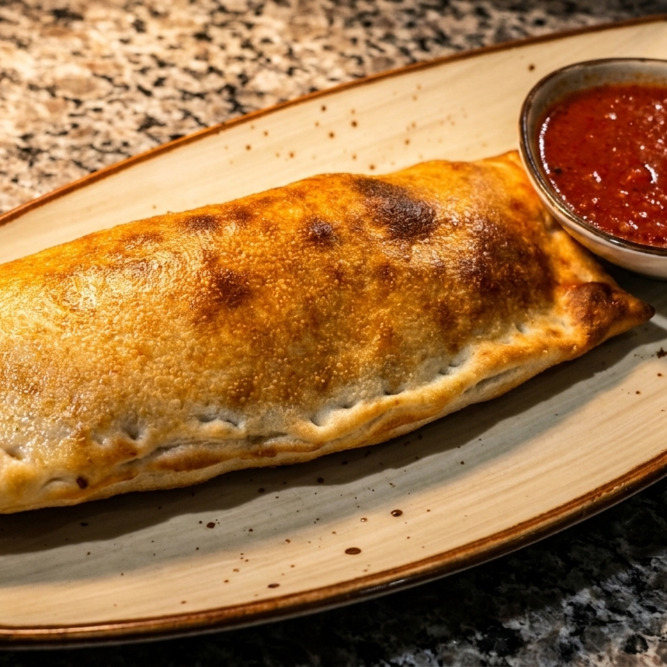 A golden-brown calzone with a side of red marinara sauce on a speckled plate.