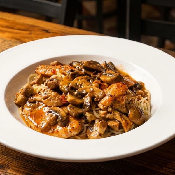 Chicken and mushroom pasta in a white bowl on a rustic wooden table.