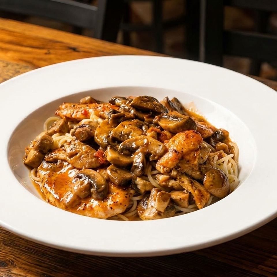 Chicken and mushroom pasta in a white bowl on a rustic wooden table.