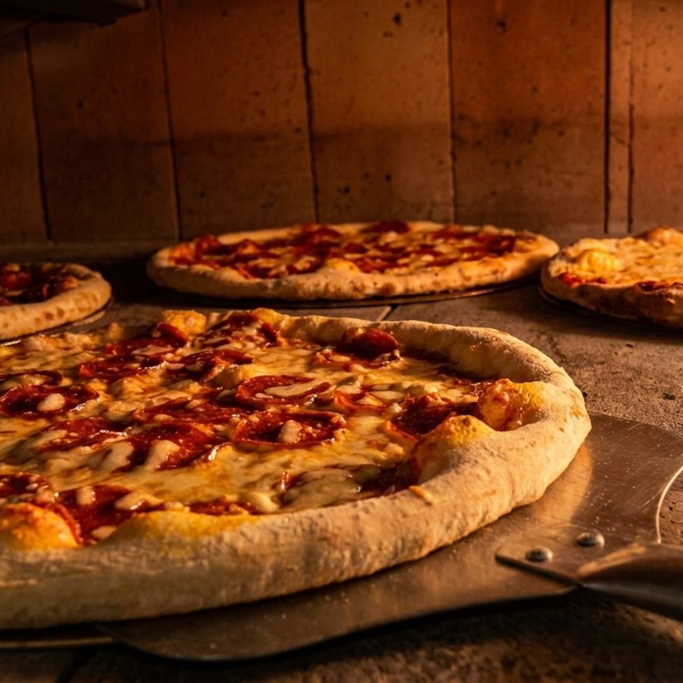 Multiple pizzas, including pepperoni and cheese, baking inside a brick oven with a pizza peel.