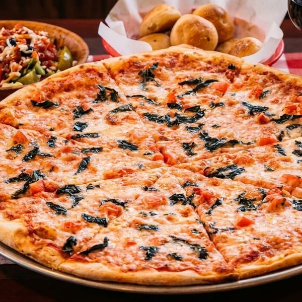 A large pizza with basil and tomatoes, salad, bread rolls, and red wine on a checkered tablecloth.